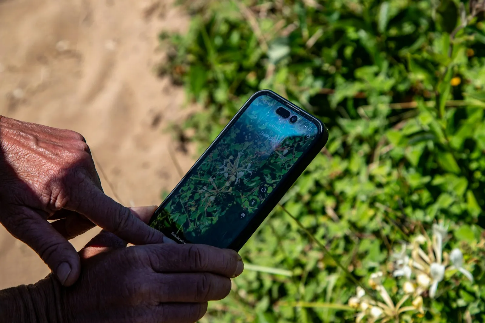 A hand holding a smartphone showing a satellite map view.