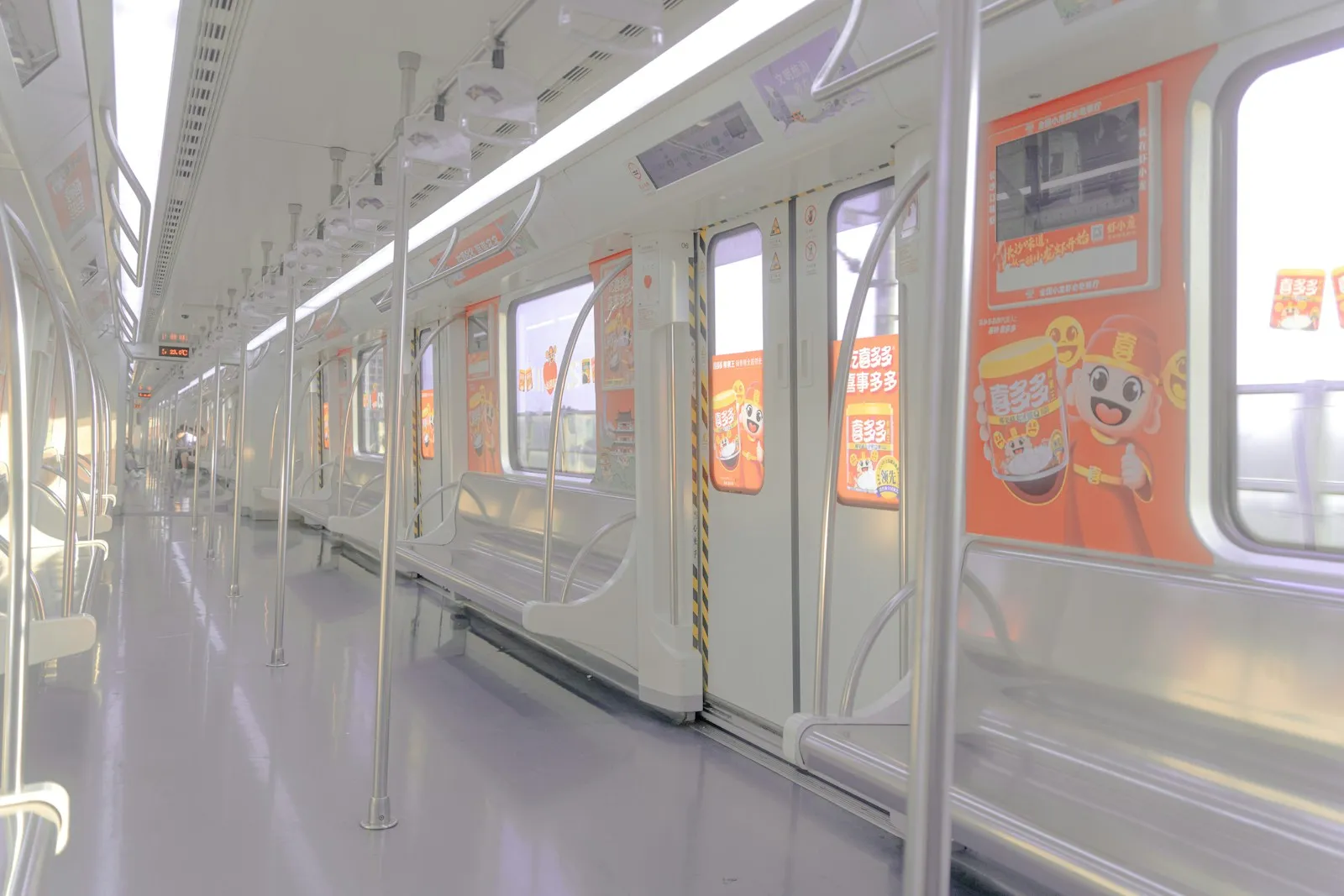 The interior of an empty subway car.